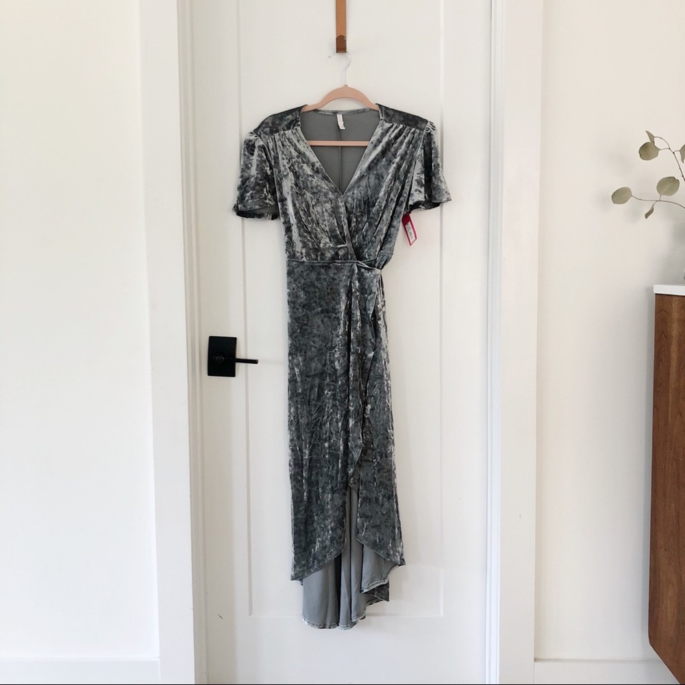 Crushed velvet gray wrap dress